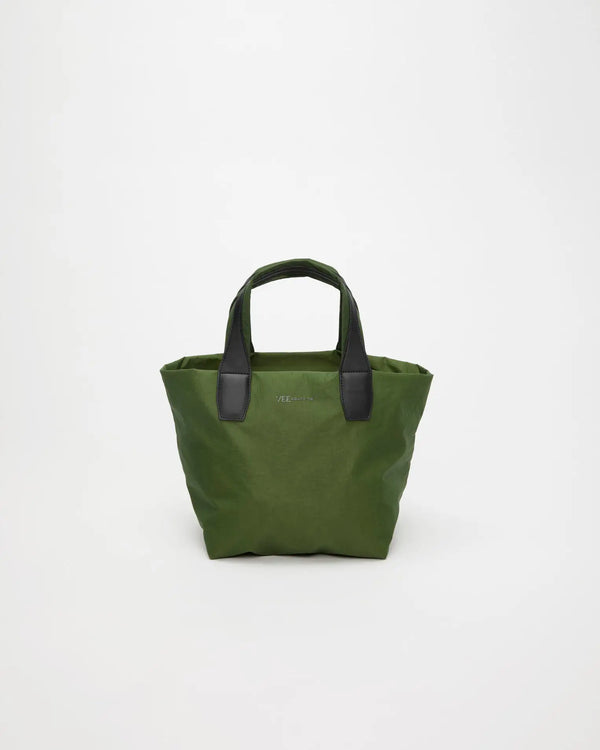 Porter Essence Small Olive Paper handbag crafted from paper touch material, featuring tan lining and sturdy handles.