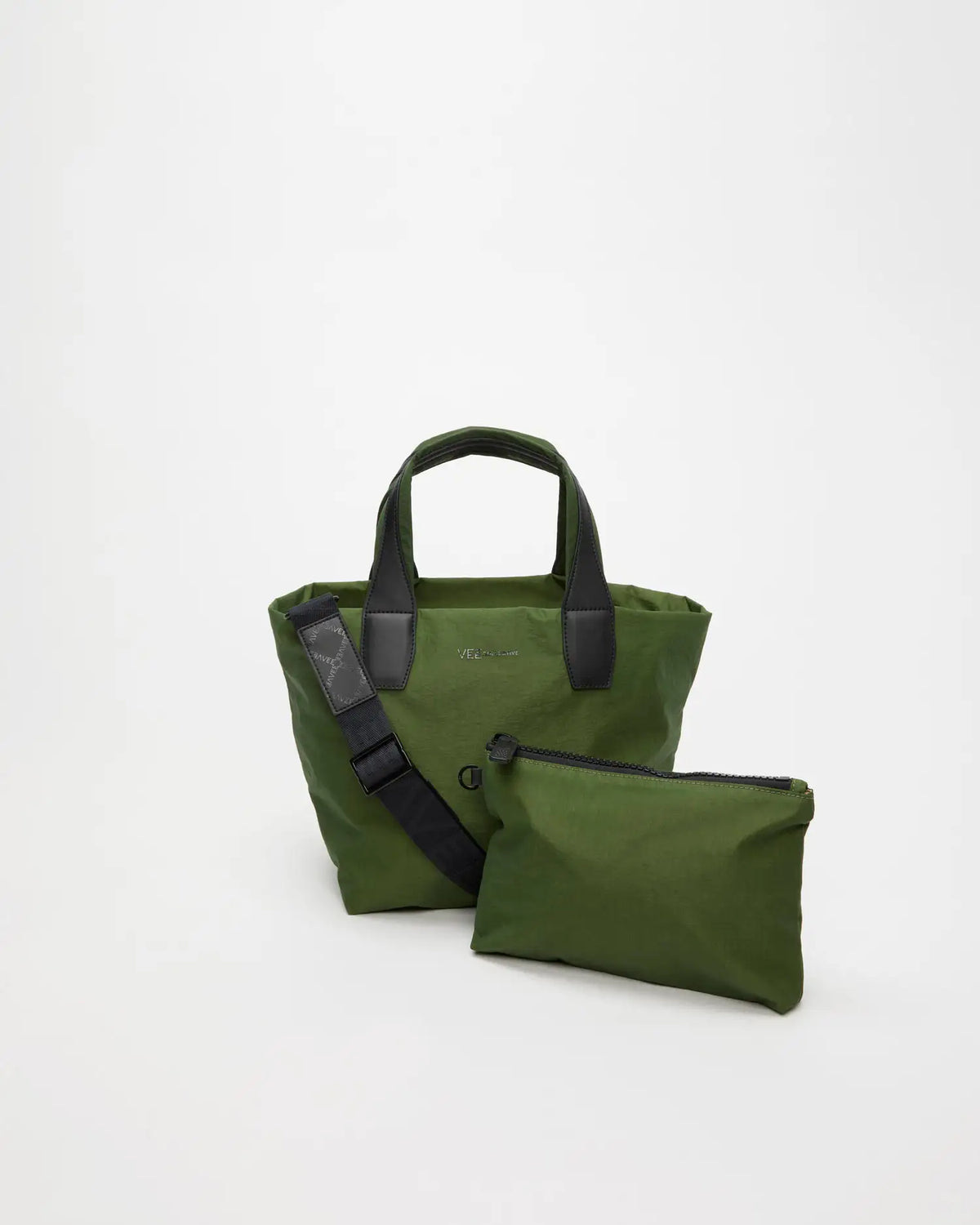 Porter Essence Small Olive Paper handbag showcasing paper touch material, featuring a removable pouch and sleek design.