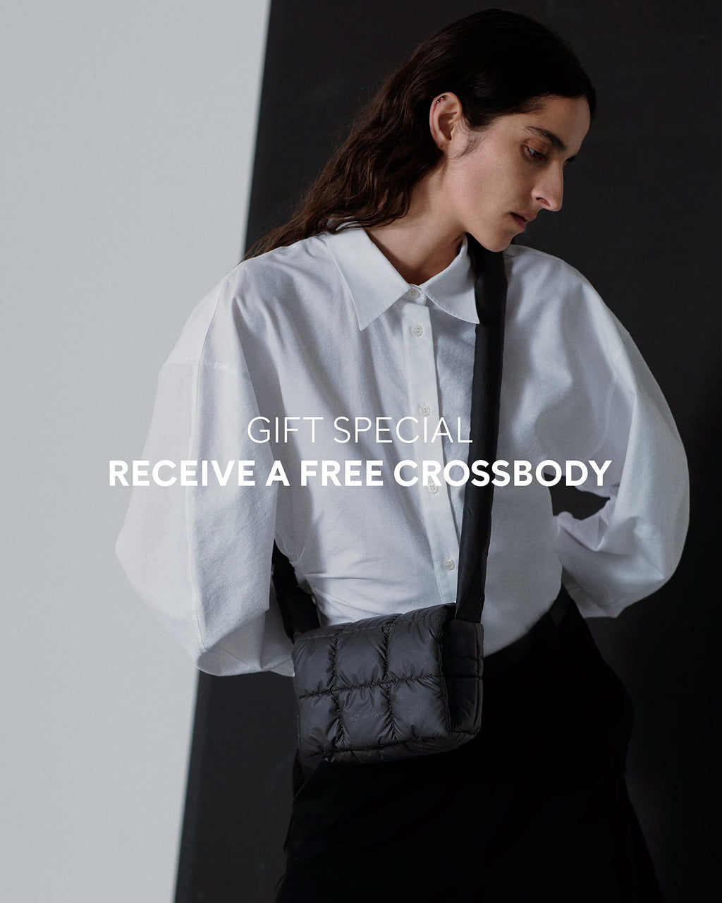 Person wearing a white shirt with a black crossbody bag, promotional text overlay.
