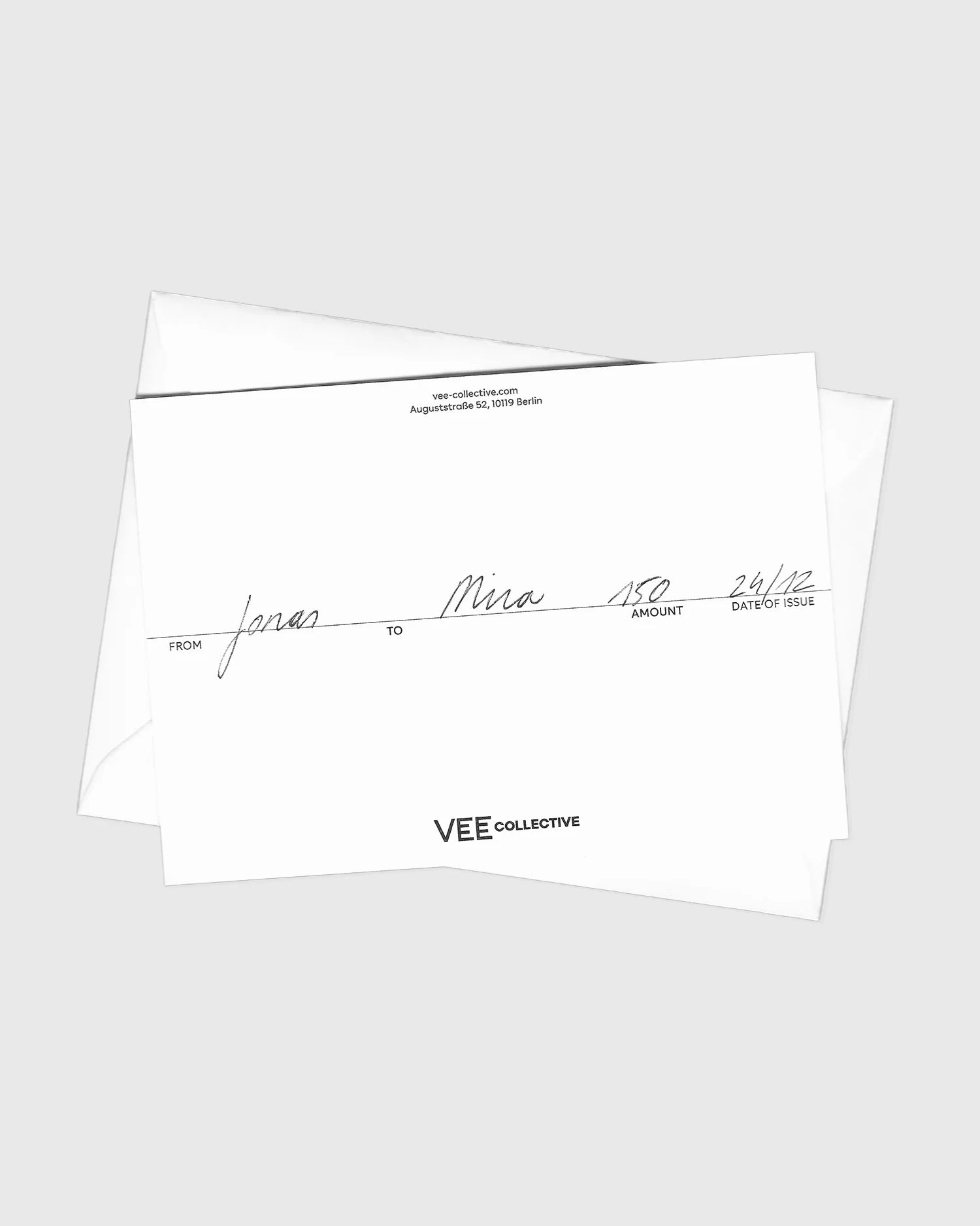 VEE Collective gift card with handwritten details, displayed with a white envelope.