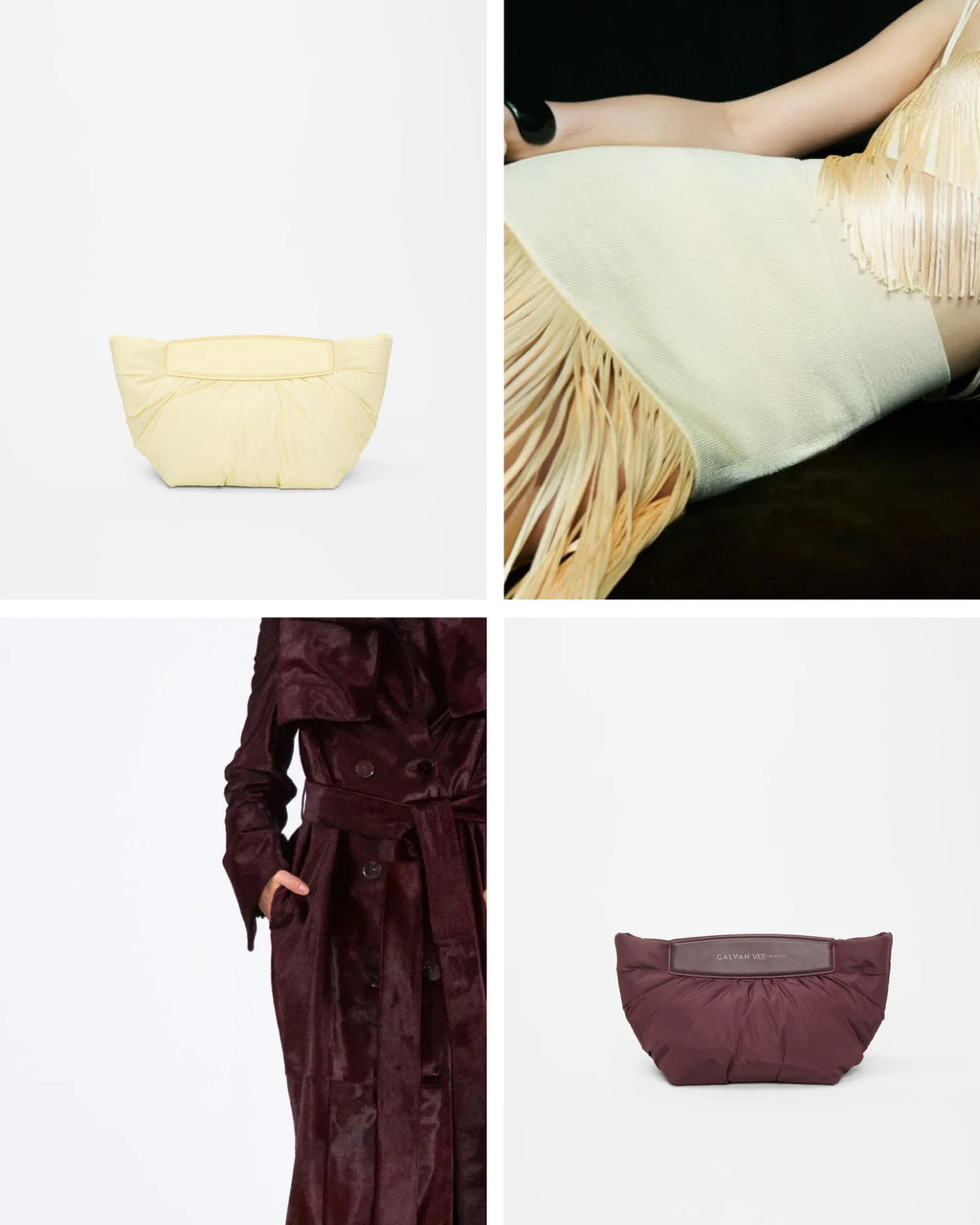 Fashion Collage showing the Galvan x Vee Collective Caba Clutch in buttermilk on the top left, a close-up of a person wearing a pale yellow fringed dress on the top right, a person in a dark burgundy trench coat on the bottom left, and the Galvan x Vee Collective Caba Clutch bag in mahogany on the bottom right.
