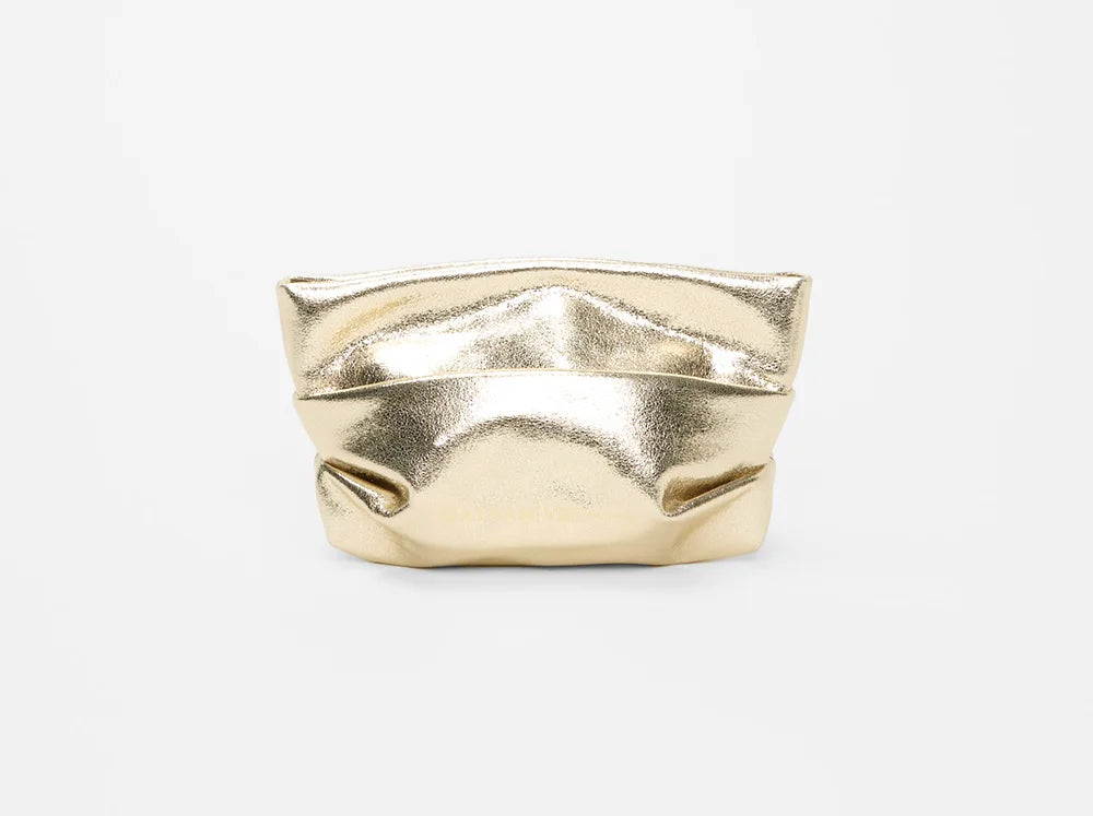Front product image of the Galvan x Vee Collective Evening Clutch Bag in metallic silver, showcasing its structured, reflective surface and minimal, modern design.