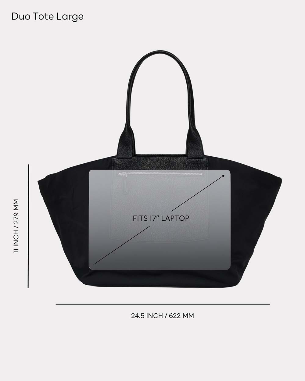 Black Duo Tote Large tote bag shown front-facing on a white  background, with dimension lines and text indicating 11 inch height and 24 inch width, plus a laptop graphic labeled 'FITS 17" LAPTOP'.