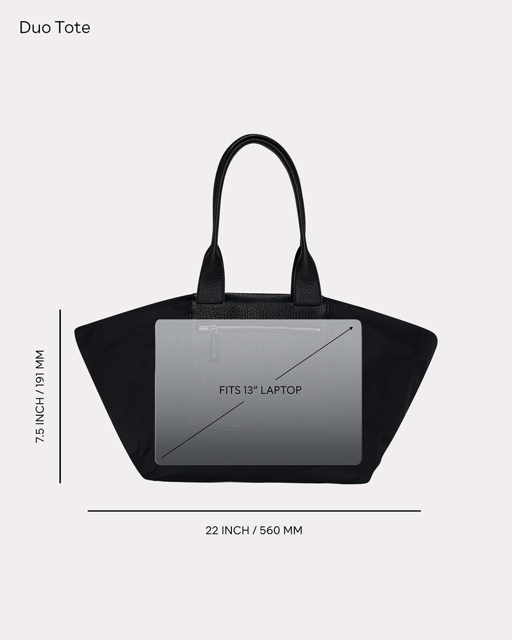 Black Duo Tote tote bag with dimension markings showing 22 inch width and 7.8 inch height, featuring a laptop insert graphic on a white  background.