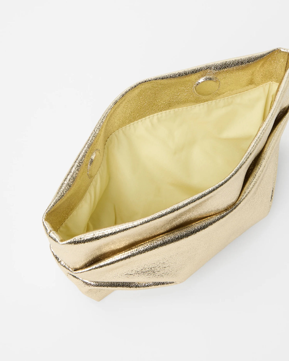 Overhead view of the Galvan x  Vee Collective Evening Clutch Bag in silver metallic, shown open.