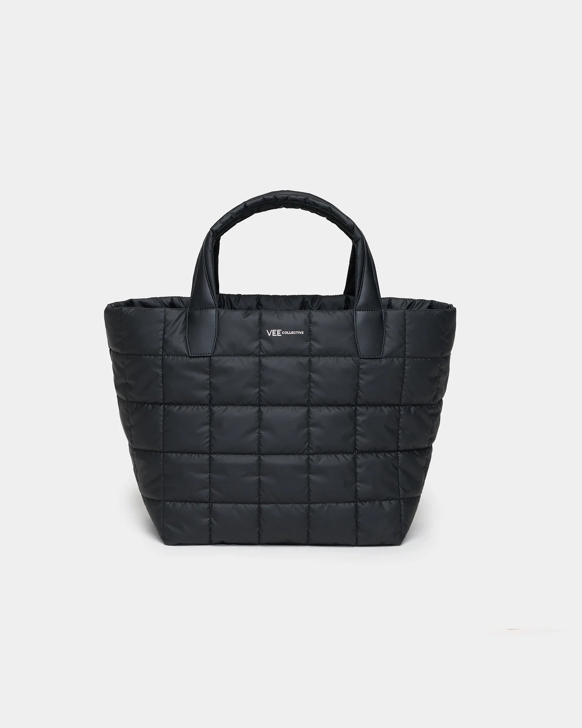 A stylish black quilted tote bag features two sturdy handles and a sleek design. The bags exterior showcases a grid pattern, making it both functional and fashionable for everyday use.