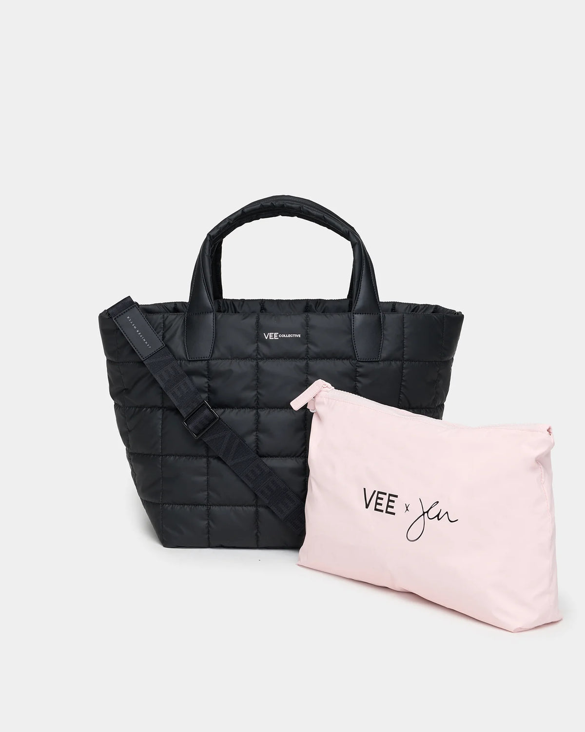 A stylish black quilted tote bag features dual handles and a detachable shoulder strap, accompanied by a soft pink pouch with the text VEE x Jen printed on it.