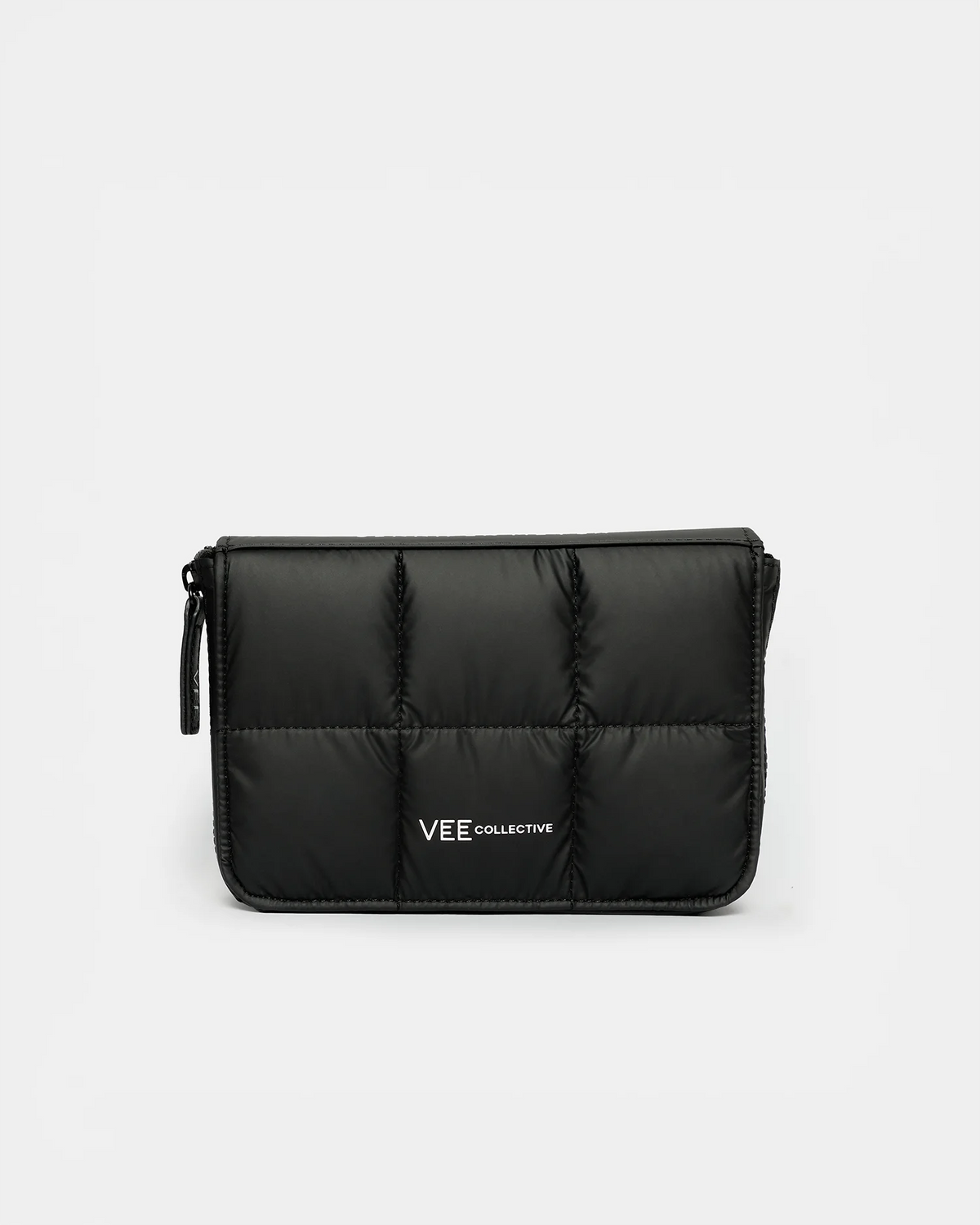 A sleek black quilted jewelry case from VEE x Jennifer Meyer, featuring a zippered closure and the VEE COLLECTIVE logo on the front. The minimalist design highlights modern style, making it a stylish travel accessory.