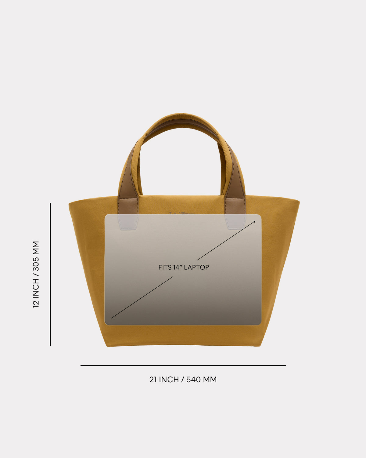 A Essenc Tote Medium with brown handle es, shown on a white background with dimension lines indicating 21 inch width and 12 inch height, plus a large semi-transparent rectangle labeled 'FITS 14" LAPTOP'.