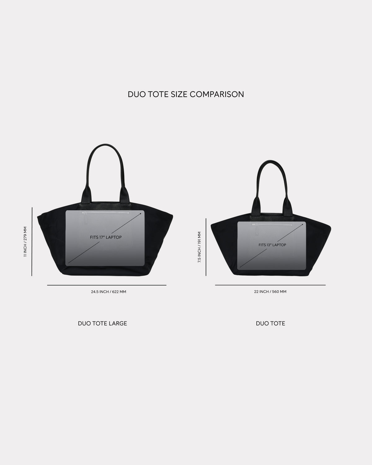 Size comparison diagram showing two black tote bags labeled 'DUO TOTE SIZE COMPARISON' with dimensions and text 'DUO TOTE LARGE' and 'DUO TOTE'.