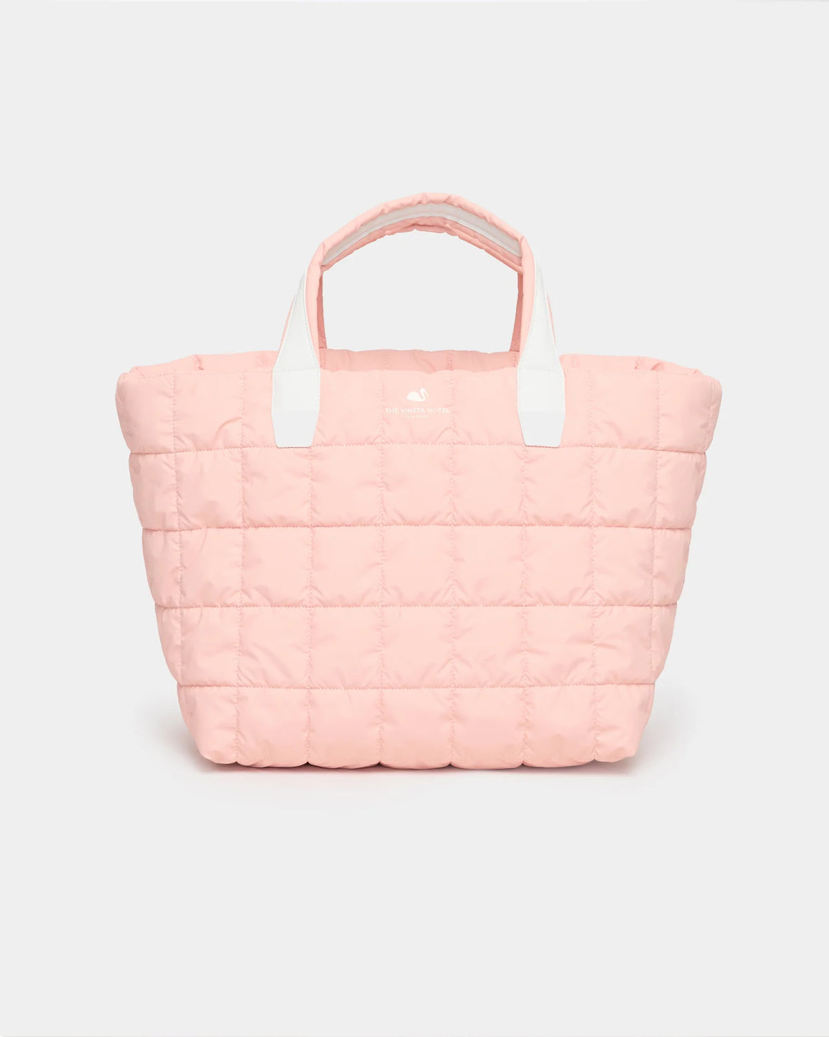 Porter Weekender in Vineta Blush pink with quilted panels and white handles