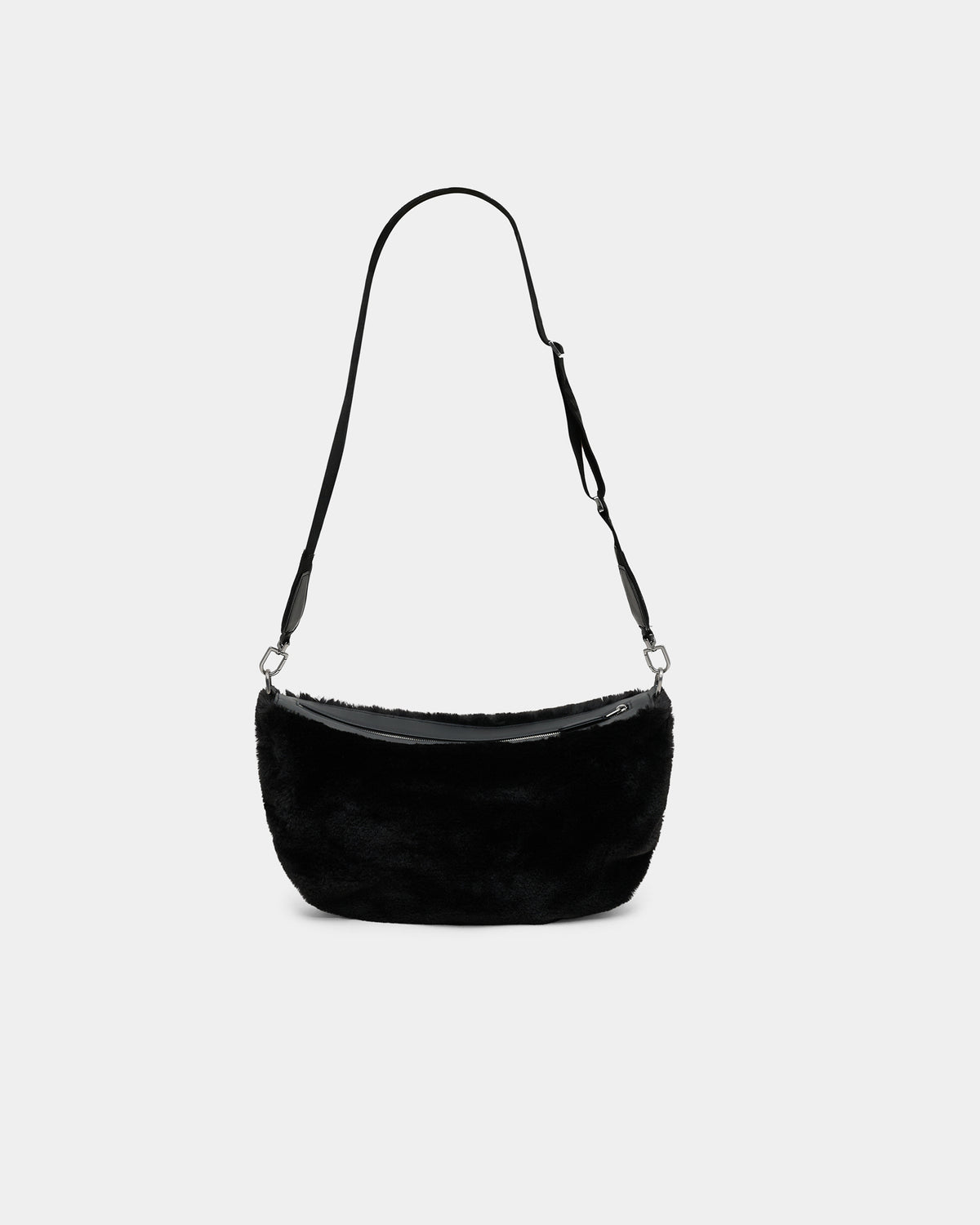 A clean product photo of a Caba Fur Banana Shoulder Bag featuring a fuzzy faux-fur texture and a glossy black strap, set against a crisp white background.