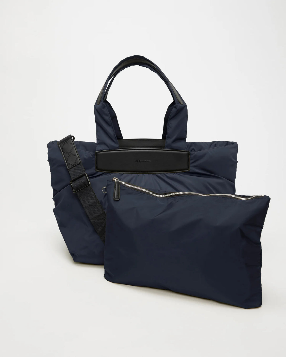 Front view of the Medium Caba Tote Bag in Marine, shown with its matching pouch and detachable strap.