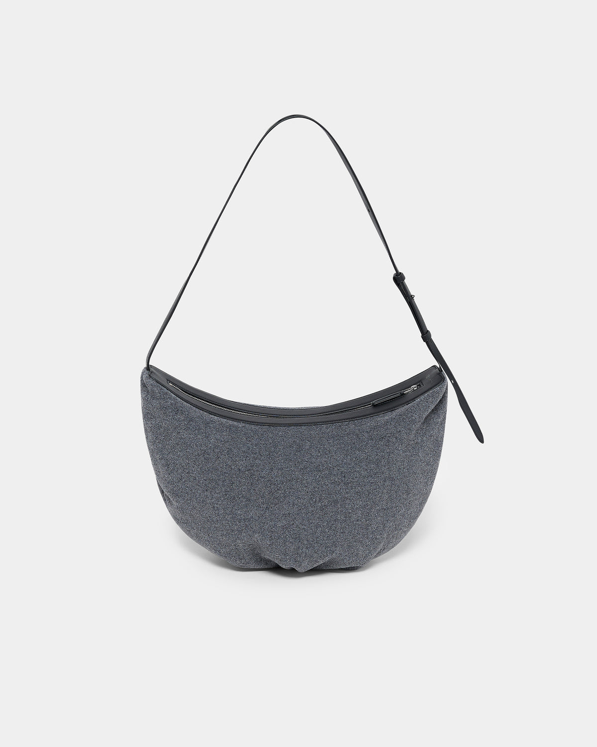 A clean product photo of a charcoal Essence Wool Banana Shoulder Bag featuring a black leather strap and zipper trim, photographed against a crisp white background.