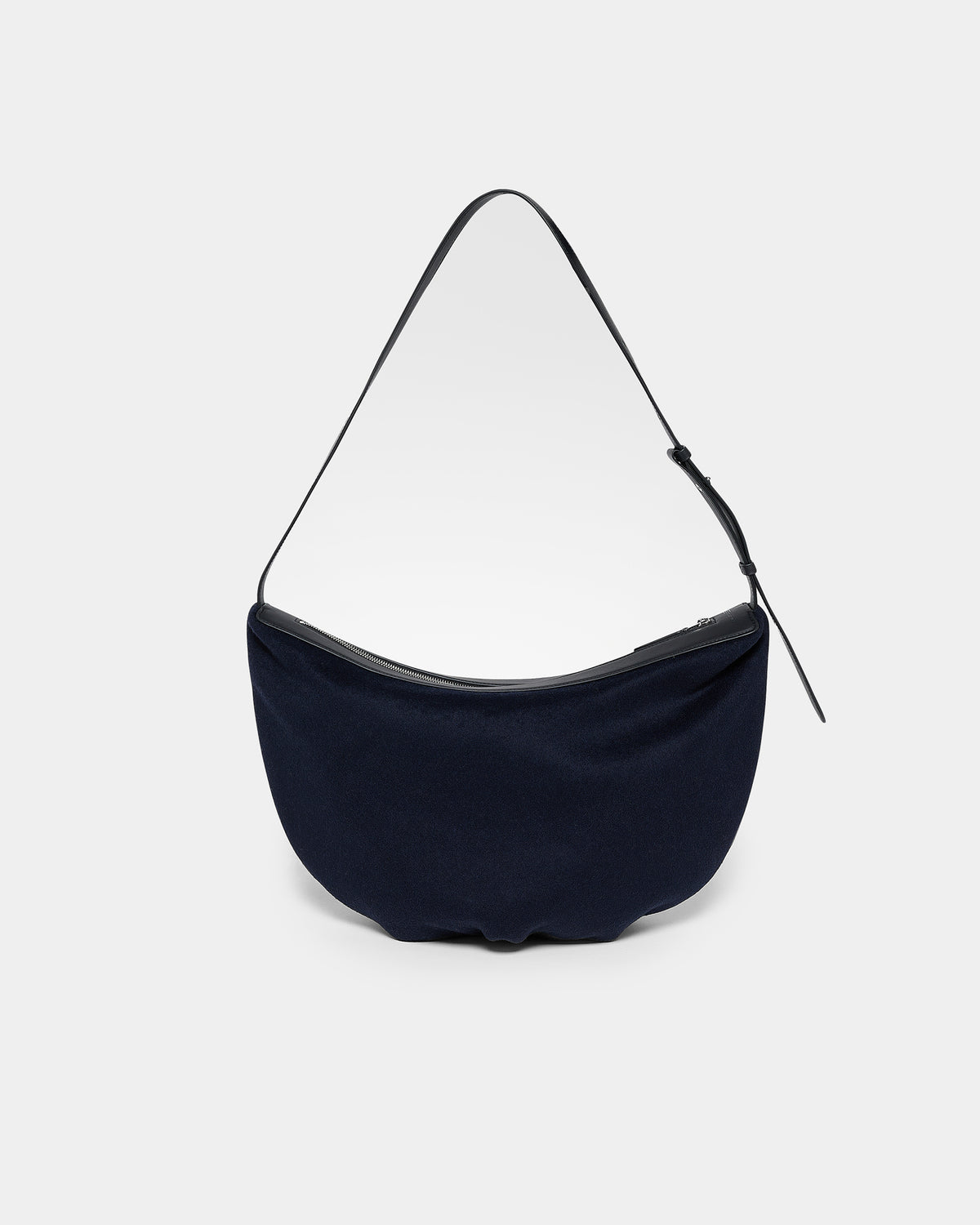 A clean product photo of an Essence Wool Banana Shoulder Bag featuring a black leather strap and zipper trim, photographed against a crisp white background.