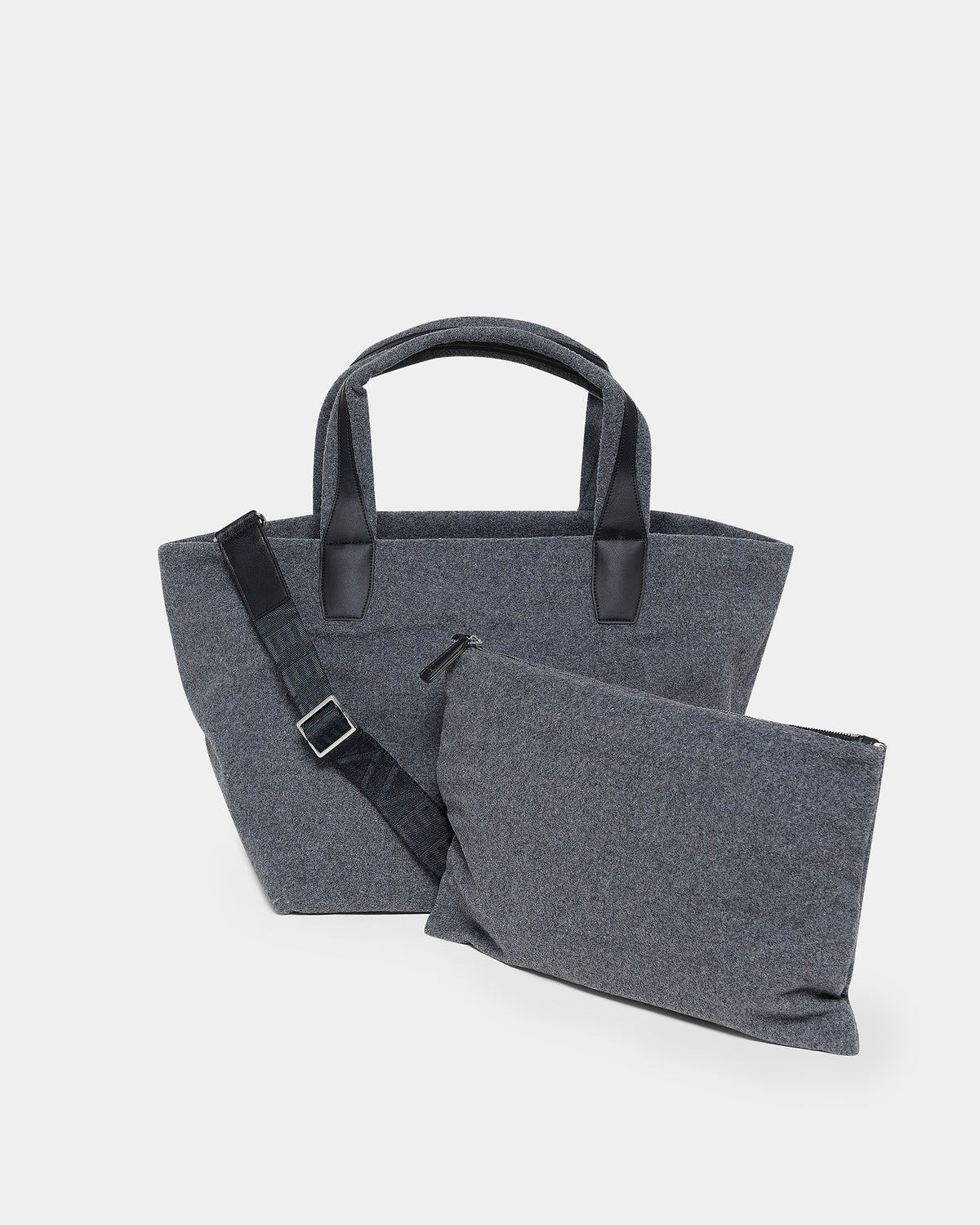 A clean product photo of the Essence Wool Tote bag paired with a matching pouch, arranged neatly against a crisp white background.