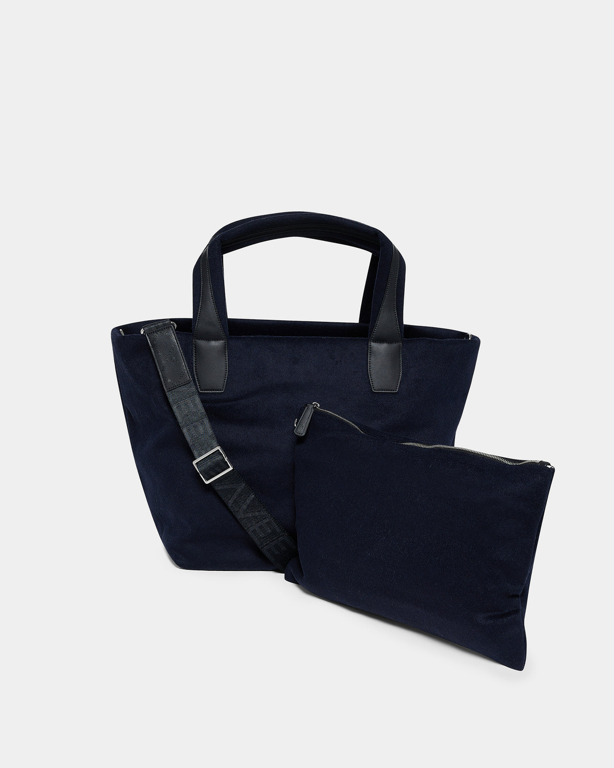 A clean product photo of the Essence Wool Tote bag paired with a matching pouch, arranged neatly against a crisp white background.