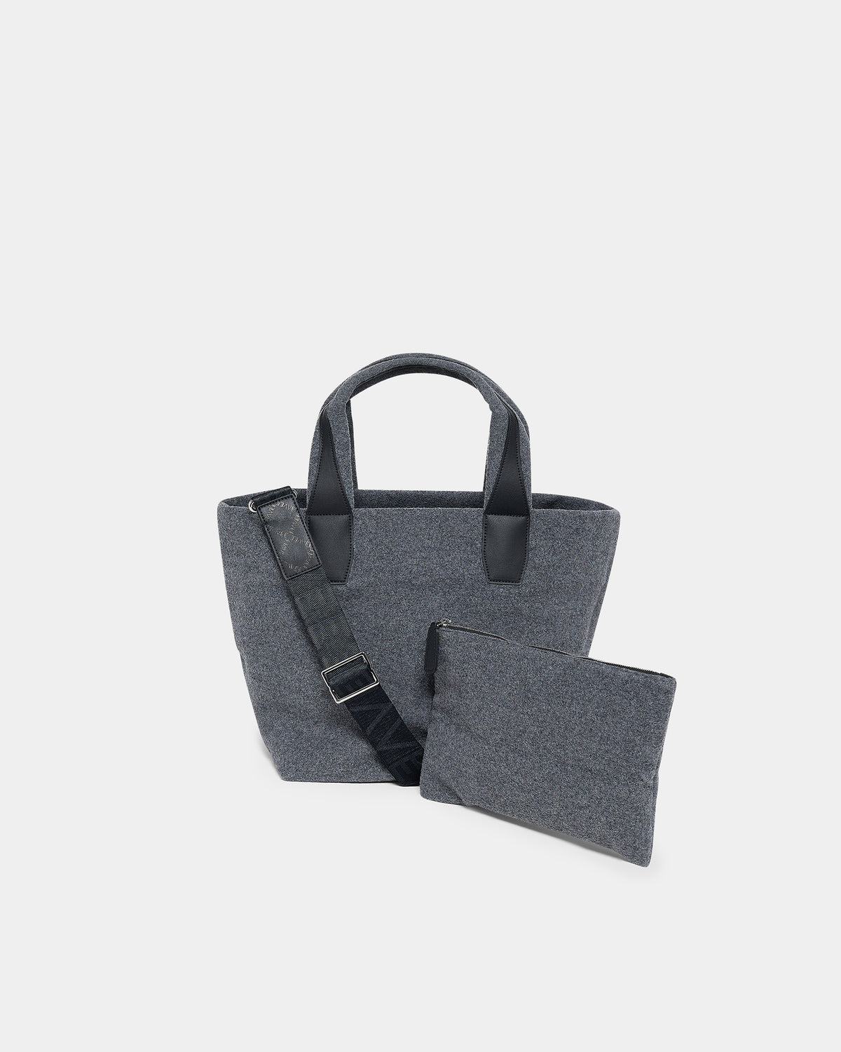 A clean product photo of the Essence Wool Tote bag paired with a matching pouch, arranged neatly against a crisp white background.