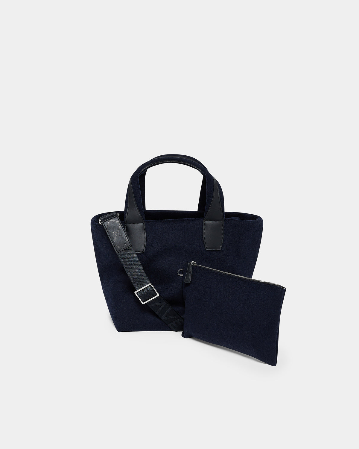 A clean product photo of the Essence Wool Tote bag paired with a matching pouch, arranged neatly against a crisp white background.