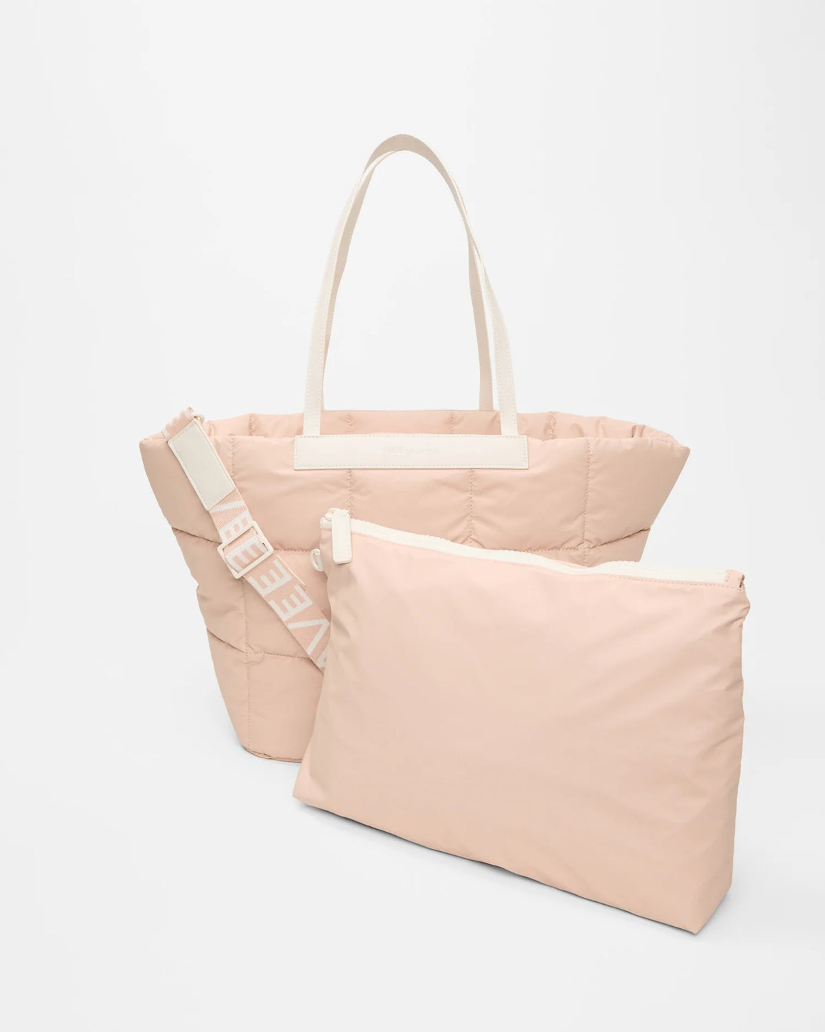 Front view of the Porter Basque Tote Bag in Cameo Rose, shown with its matching pouch and detachable strap.