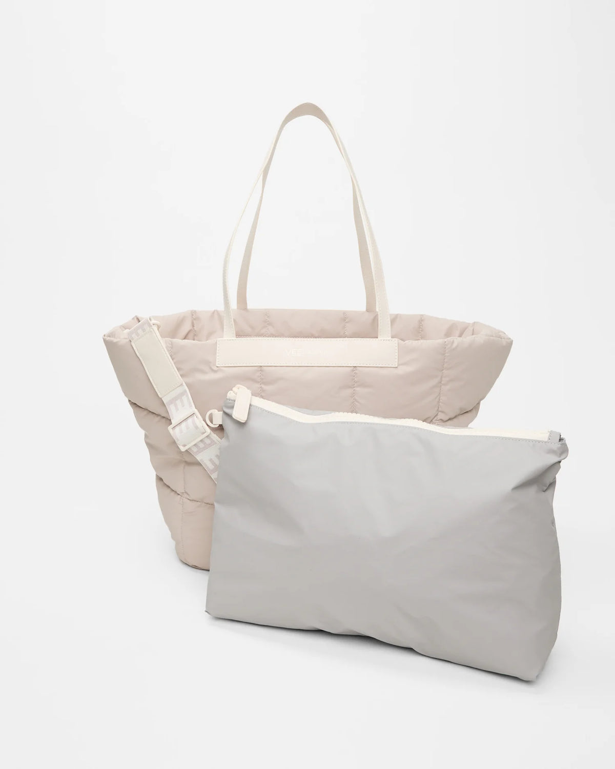 Front view of the Porter Basque Tote Bag in Soft Taupe, shown with its matching pouch and detachable strap.