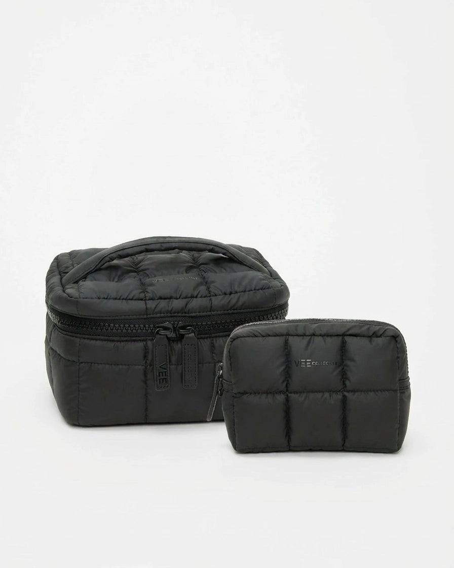 Front view of The Organizer Duo in Black showing the large bag and the compact zip pouch.