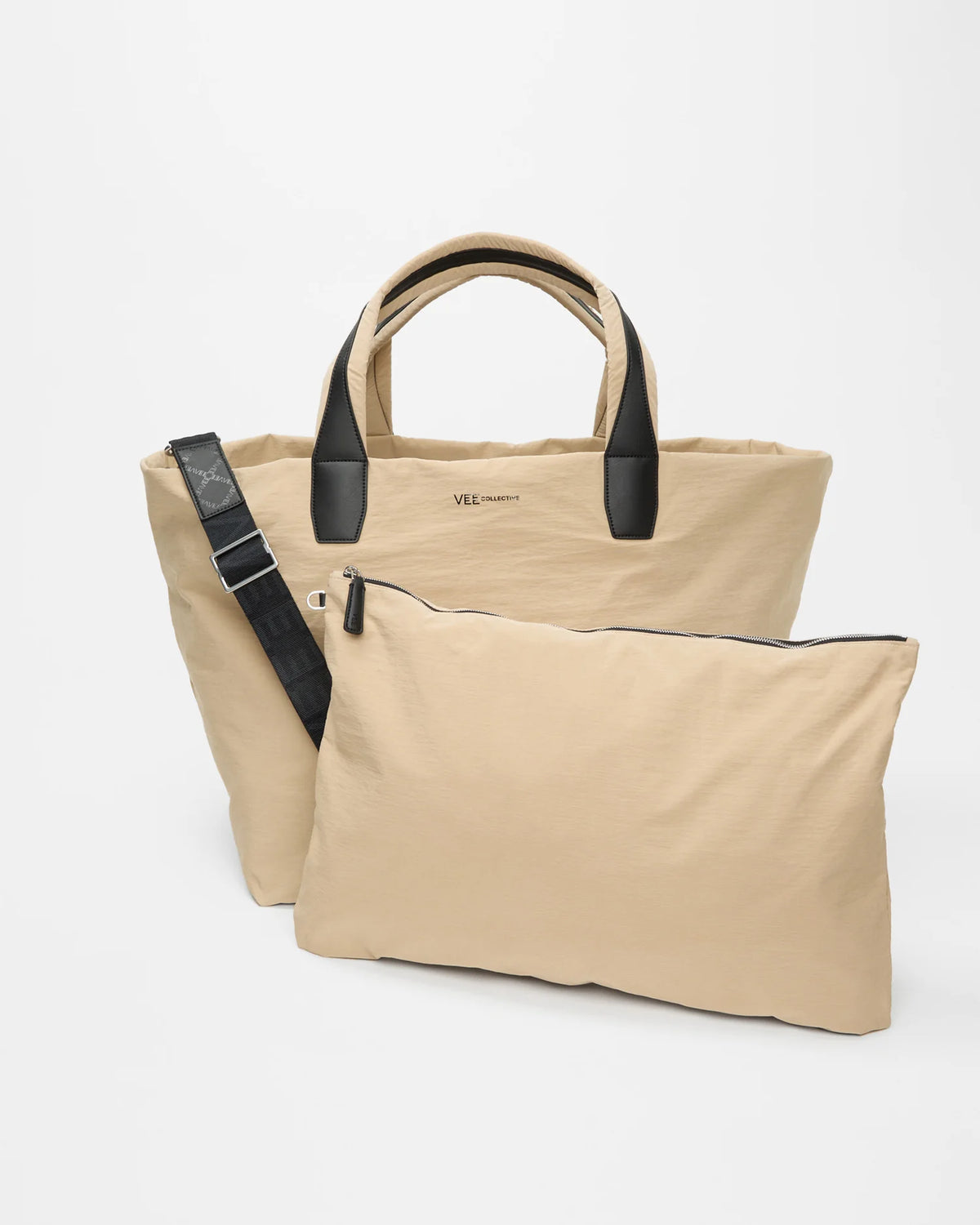 Front view of the Porter Essence Weekender Tote Bag in BeigeTrench, shown with its matching pouch and detachable strap.