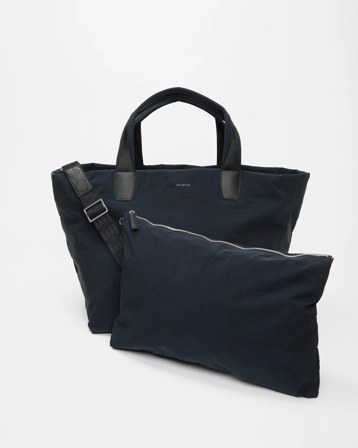 Front view of the Porter Essence Weekender Tote Bag in Midnight Trench, shown with its matching pouch and detachable strap.
