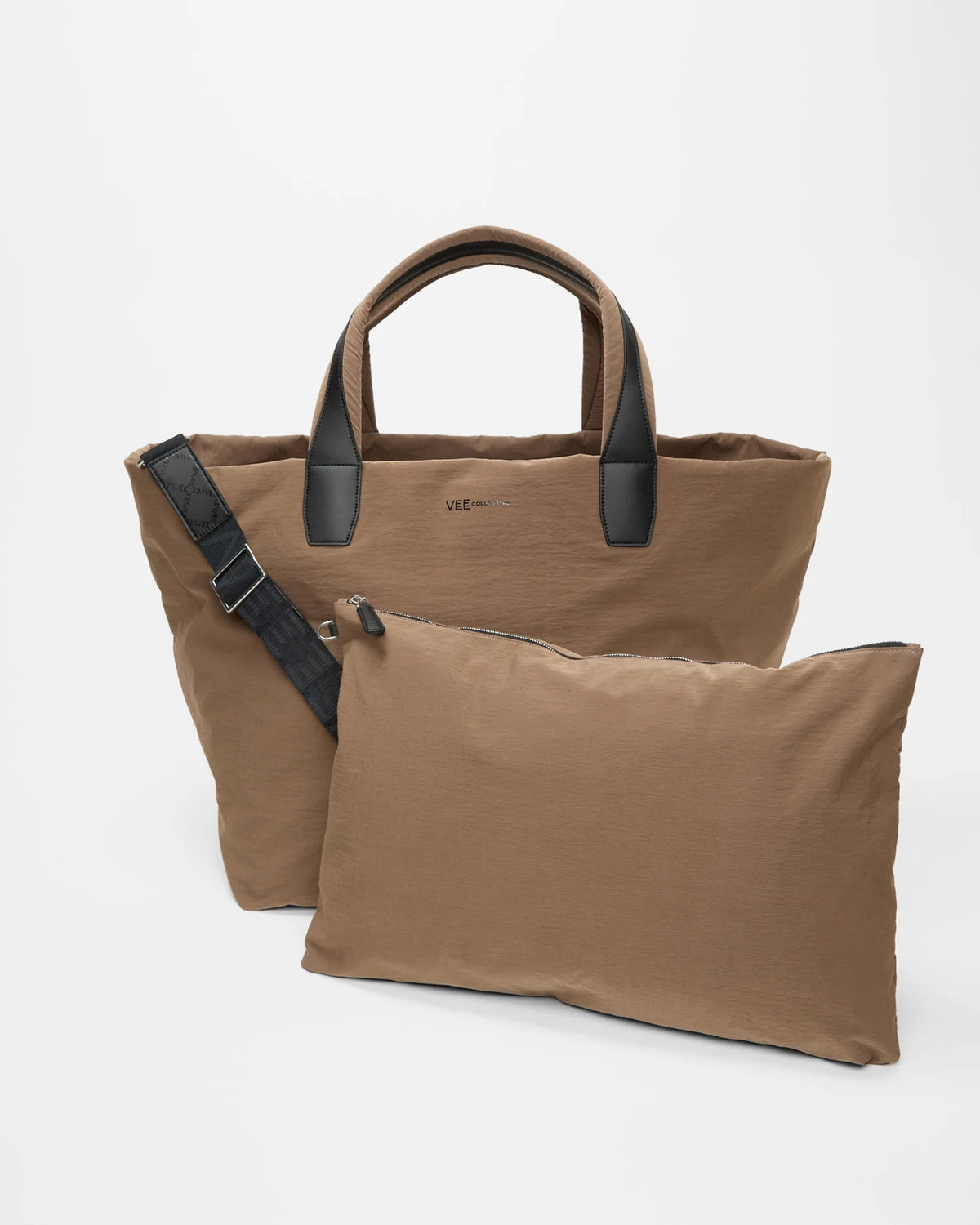 Front view of the Porter Essence Weekender Tote Bag in Mink Trench, shown with its matching pouch and detachable strap.