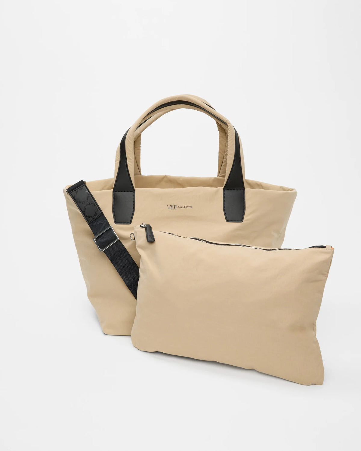 Front view of the Medium Porter Essence Tote Bag in Beige Trench, shown with its matching pouch and detachable strap.