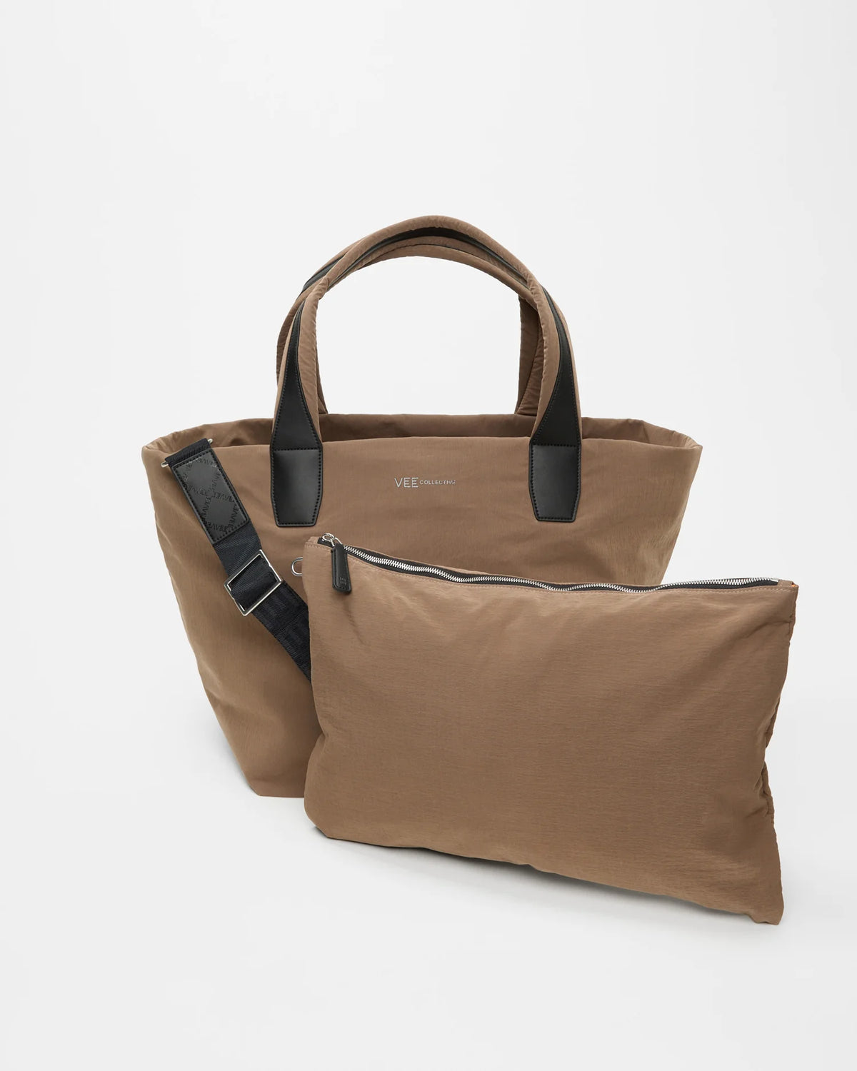Front view of the Medium Porter Essence Tote Bag in Mink Trench, shown with its matching pouch and detachable strap.