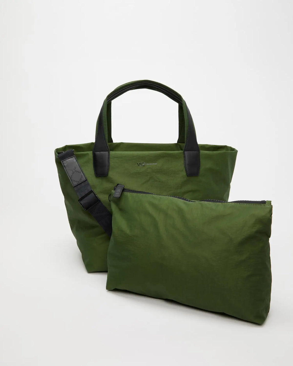 Porter Essence Medium Olive Paper handbag and matching pouch, crafted from sustainable paper touch nylon.