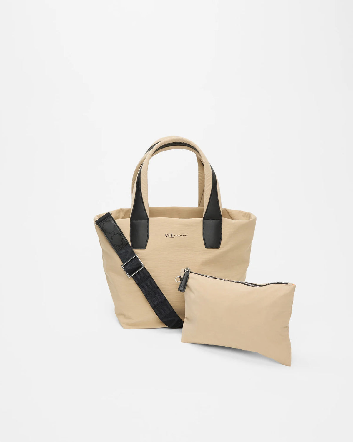 Front view of the Small Porter Essence Tote Bag in Beige Trench, shown with its matching pouch and detachable strap.