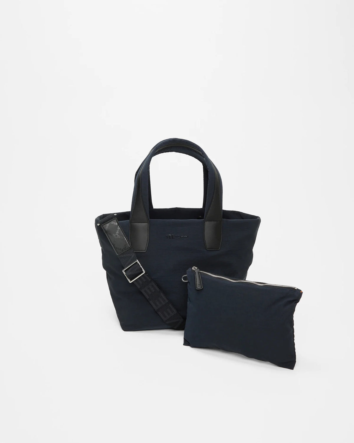 Front view of the Small Porter Essence Tote Bag in Midnight Trench, shown with its matching pouch and detachable strap.