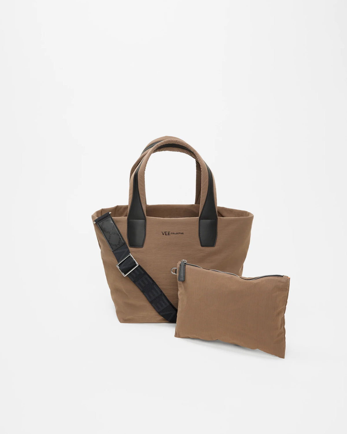 Front view of the Small Porter Essence Tote Bag in Mink Trench, shown with its matching pouch and detachable strap.