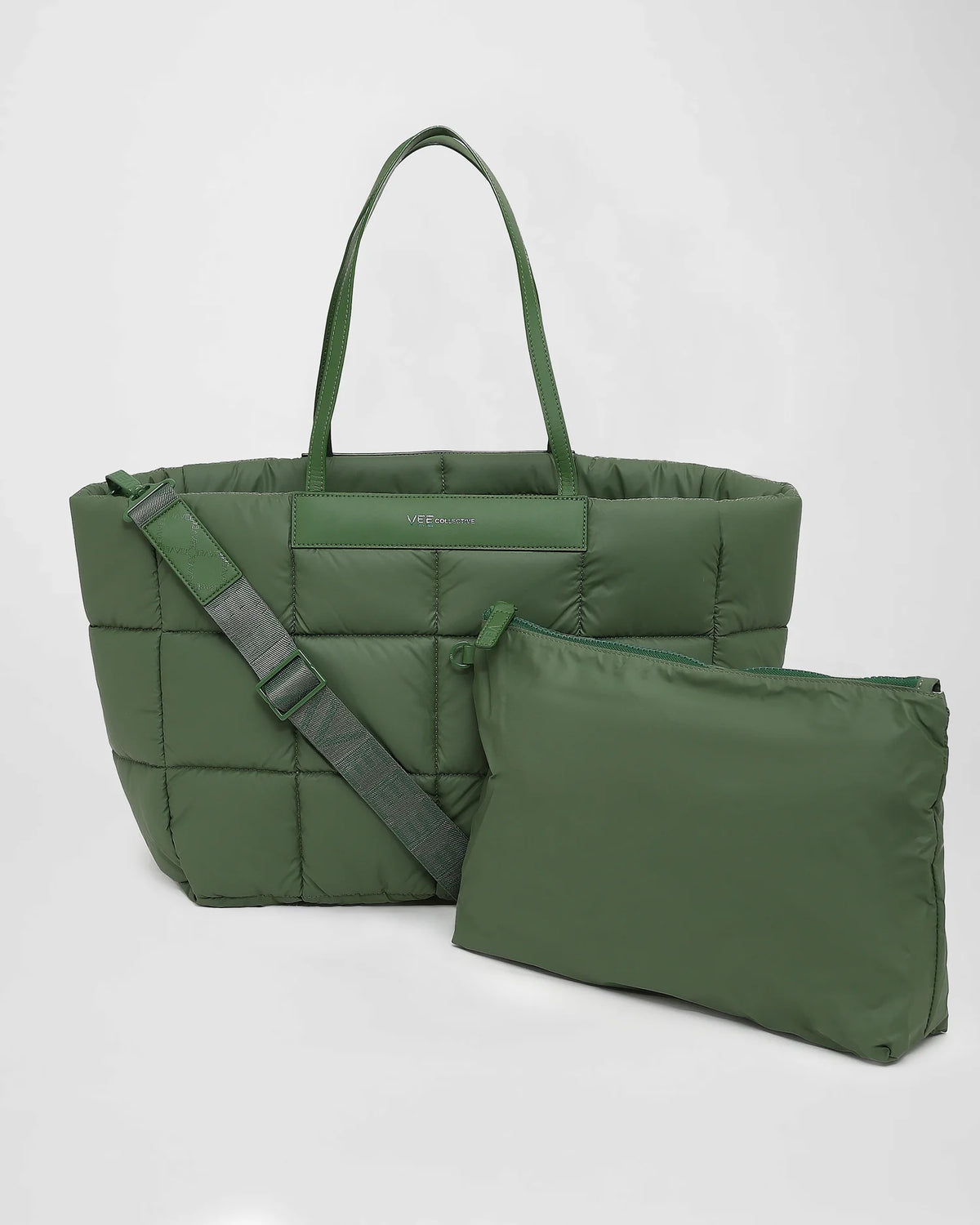 A picture featuring a Porter Marche Bag in apple-green with a matching shoulder strap, shown next to a matching zippered pouch on a white background.