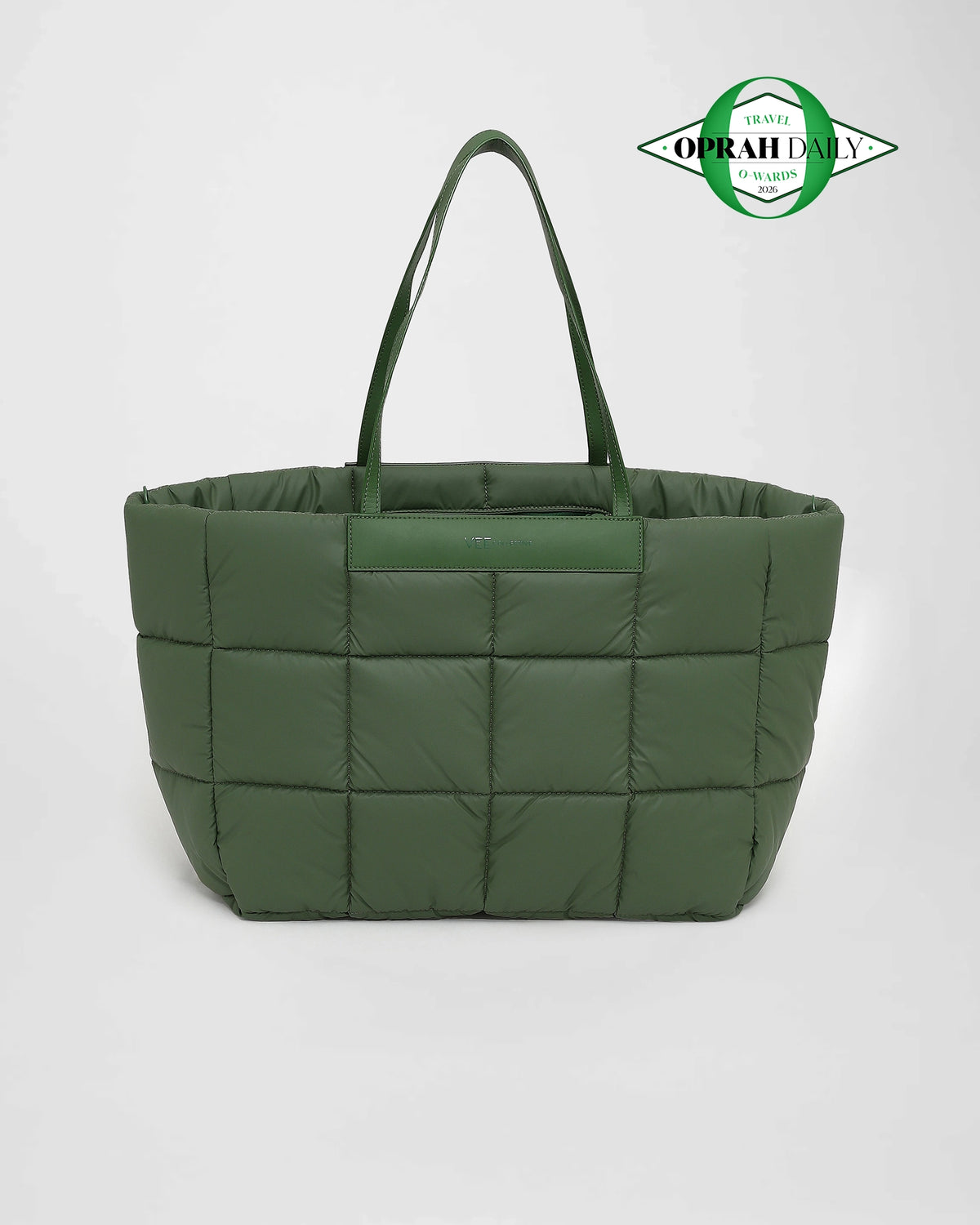 A picture featuring the front view of a Porter Marche Bag Large in apple-green with leather handles on a white background.