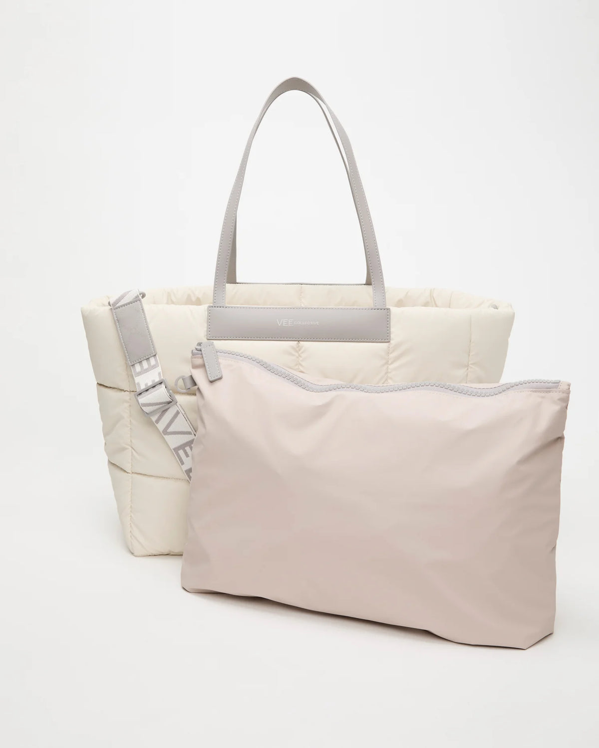 Front view of the Porter Marché Large Tote Bag in Barely Beige, shown with its matching pouch and detachable strap.