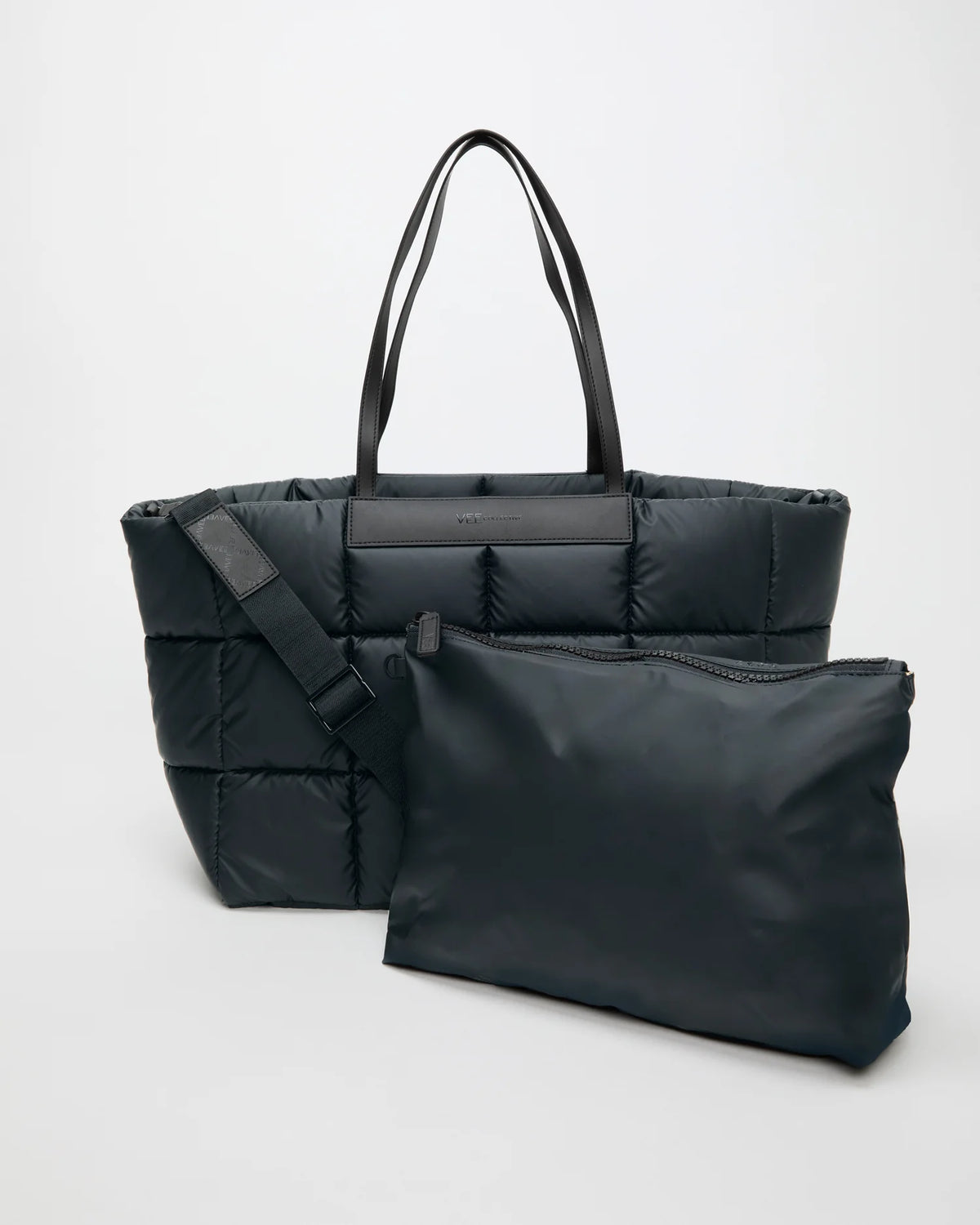 Front view of the Porter Marché Large Tote Bag in Dark Navy, shown with its matching pouch and detachable strap.