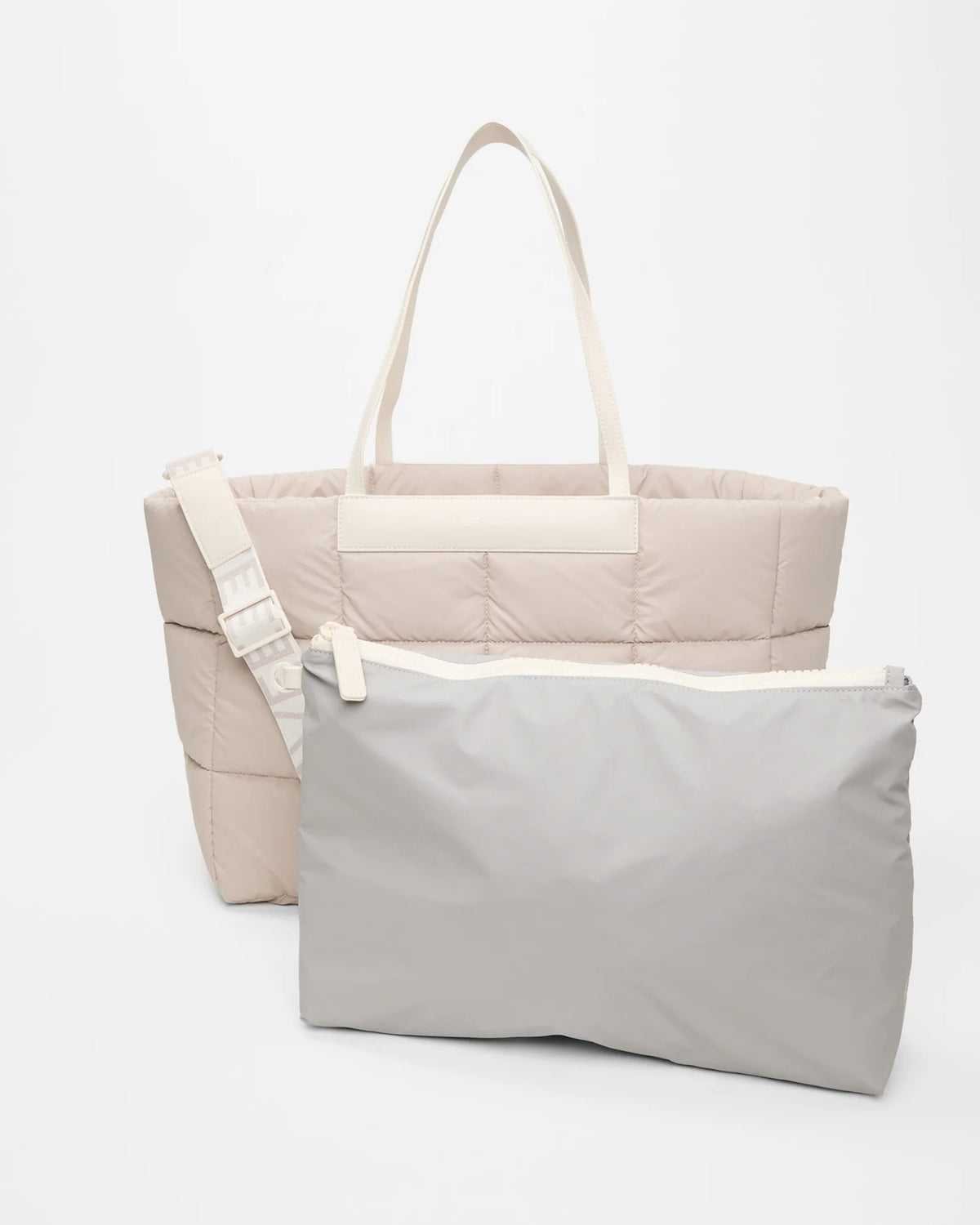 Front view of the Porter Marché Large Tote Bag in Soft Taupe, shown with its matching pouch and detachable strap.