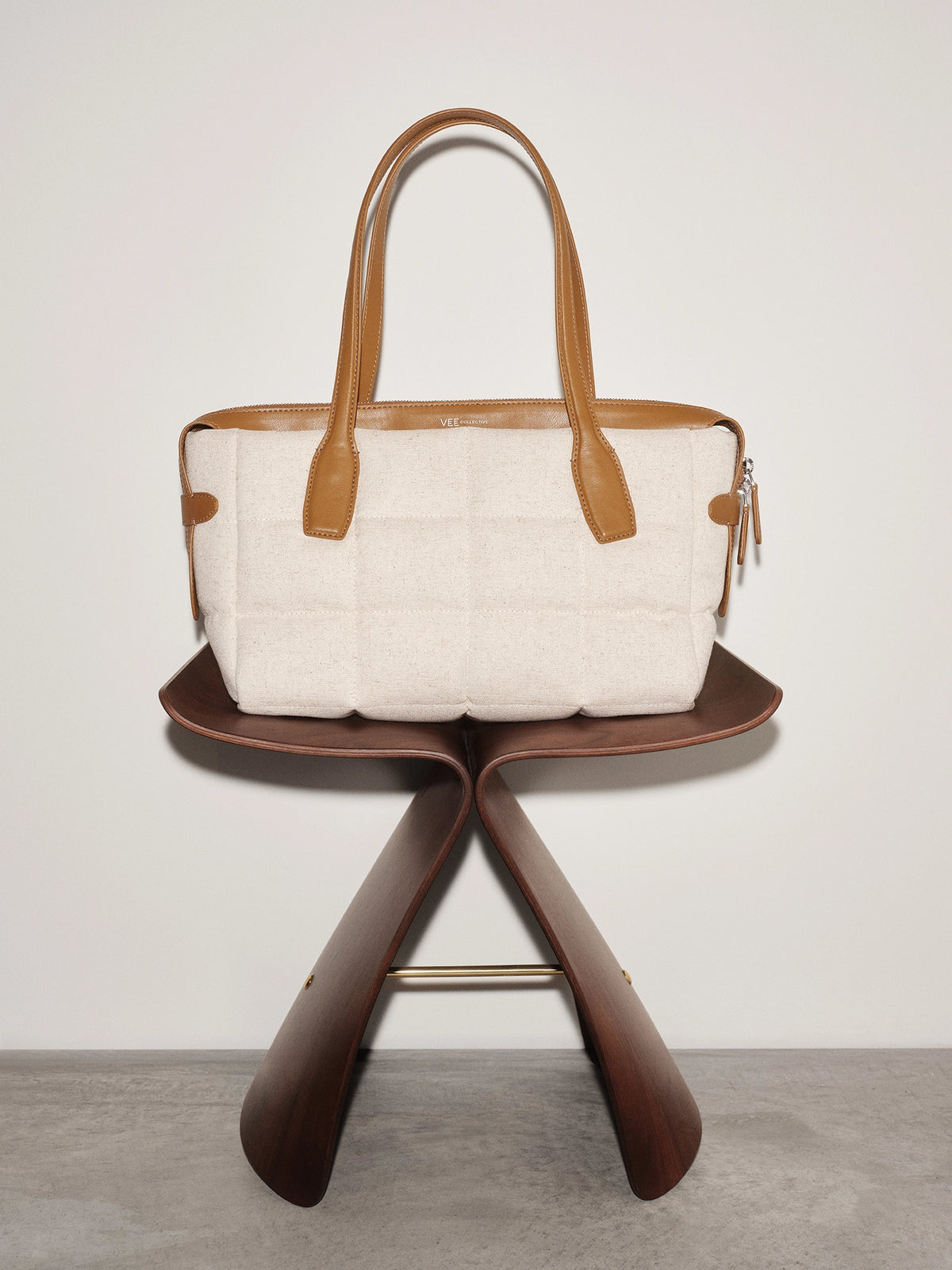 Small Tela Tote in natural tan canvas with tan leather handles
