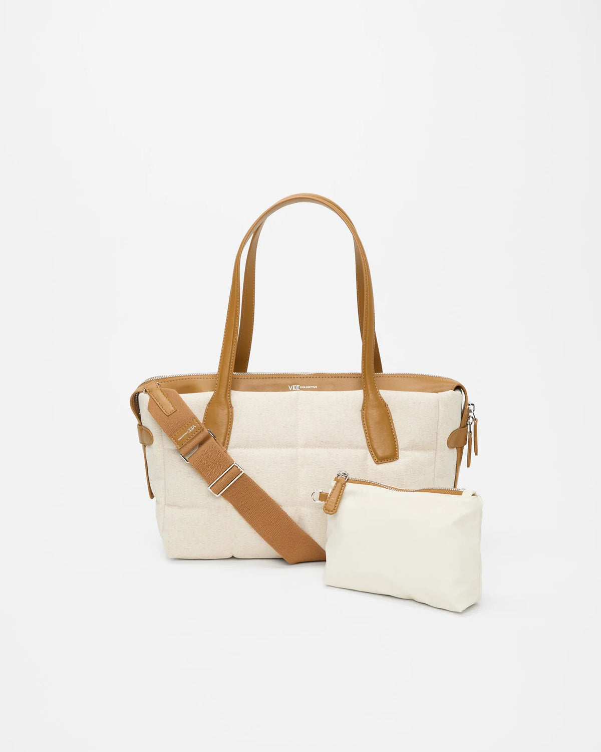 Tela Tote Small Natural Tan Canvas with tan leather handles and detachable shoulder strap.