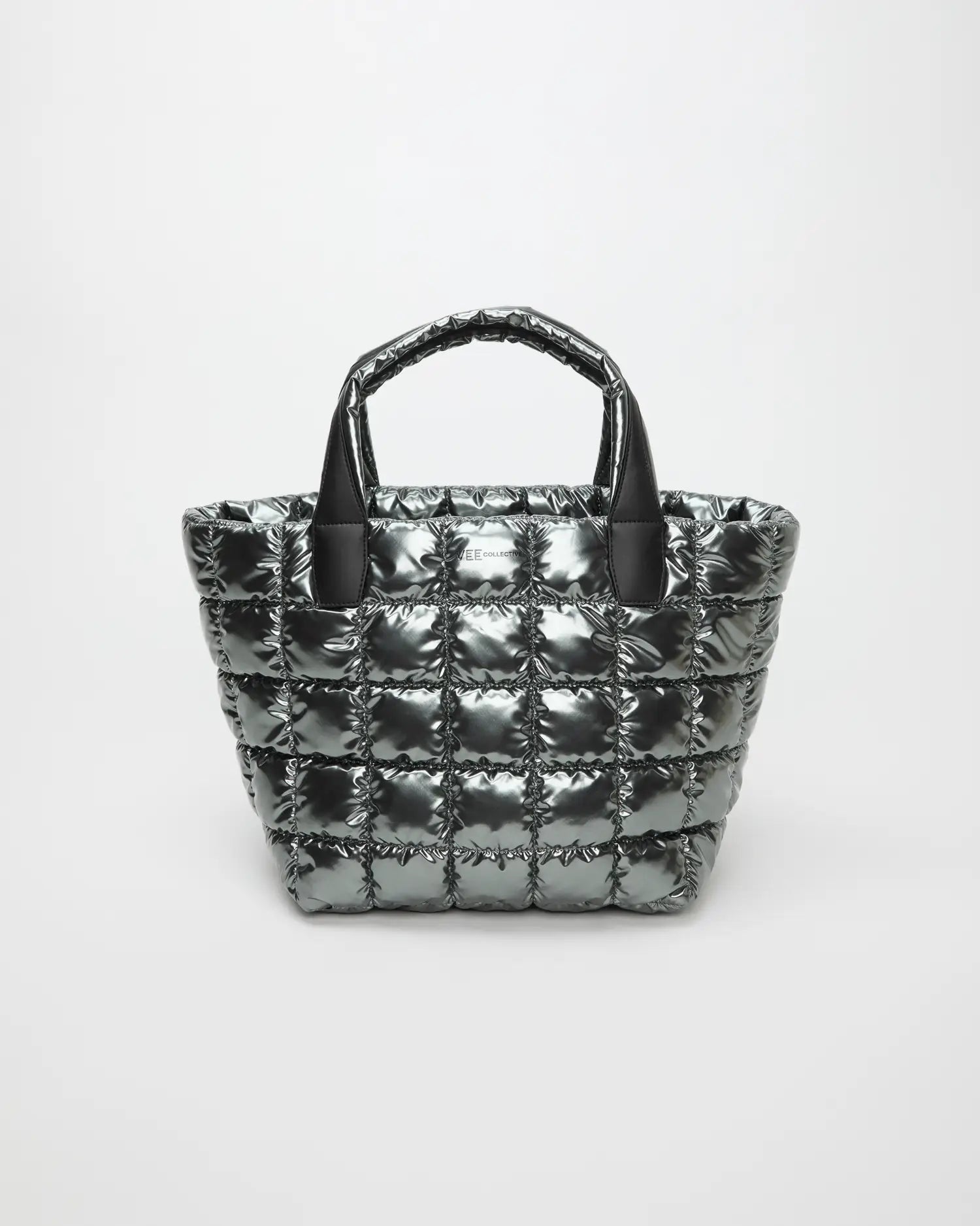 Porter Tote Medium Gadget Grey with a glossy quilted exterior and padded handles
