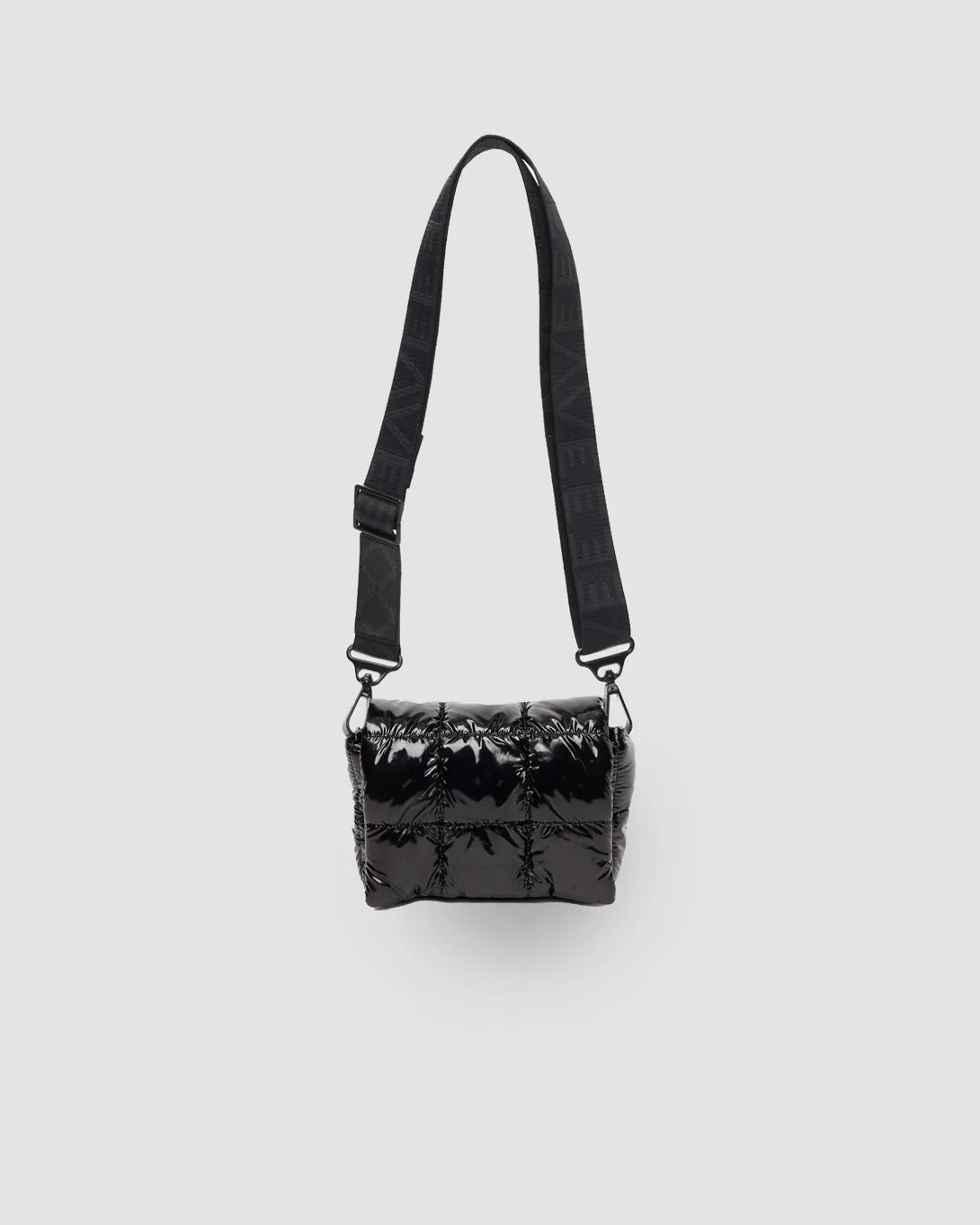 Front product shot of the Porter Messenger Mini Bag in black vinyl by Vee Collective.