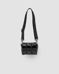 Front product shot of the Porter Messenger Mini Bag in black vinyl by Vee Collective.