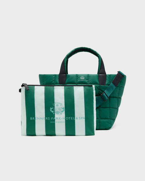 A green and white striped zippered pouch with the text 'BRENNERS PARK-HOTEL & SPA' printed on the front, displayed next to a matching green quilted tote bag with black handles and a black shoulder strap, on a light gray background.