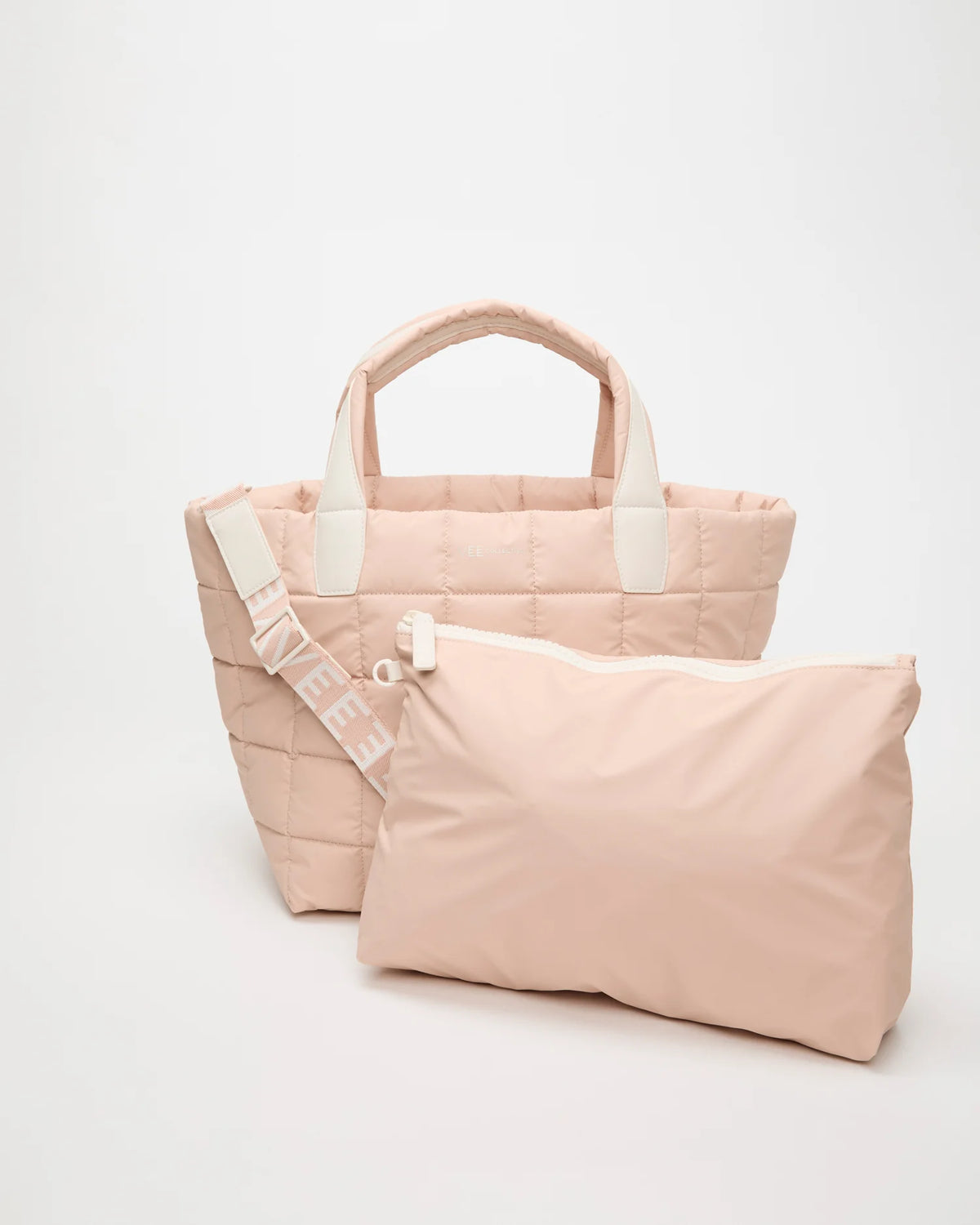 Front view of the Porter Tote Bag Medium in Cameo Rose, shown with its matching pouch and detachable strap.
