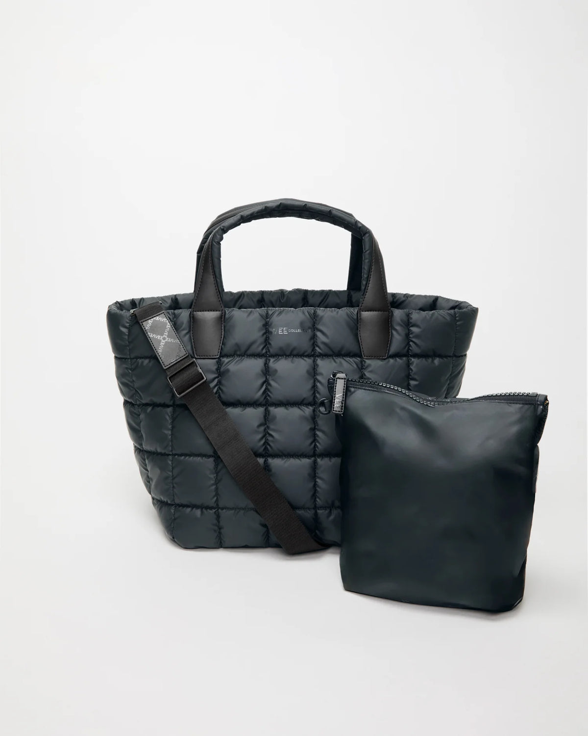 Front view of the Porter Tote Bag Medium in Dark Navy, shown with its matching pouch and detachable strap.