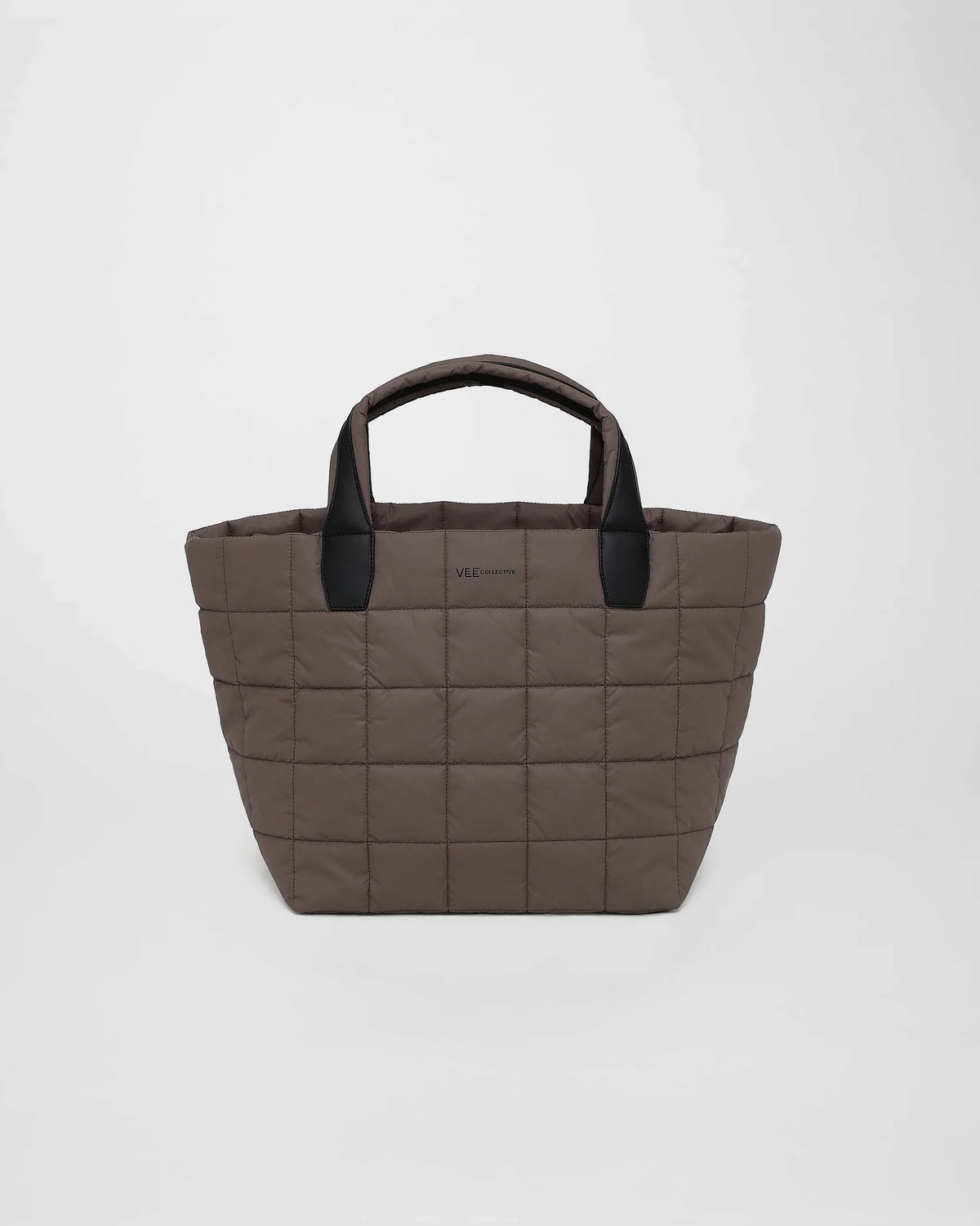 A front-view photo of a Porter Tote bag in mink, featuring a puffy square pattern and sturdy handles, suitable for everyday use and casual outings.