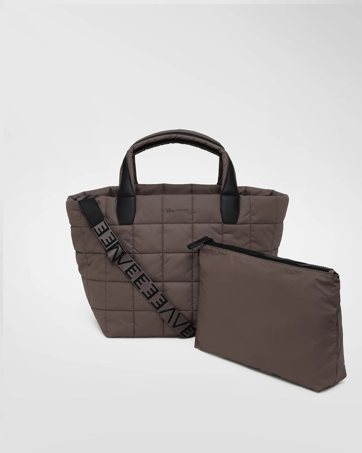 A picture featuring a Porter Tote Bag medium in mink with a matching shoulder strap, shown next to a matching zippered pouch on a white background.